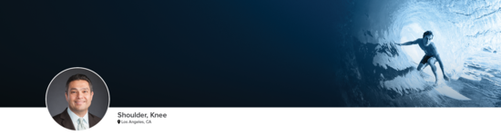 Professional headshot of Dr. Mirzayan (Shoulder, Knee; Los Angeles, CA) and a photograph of a surfer to represent his medical specialties.