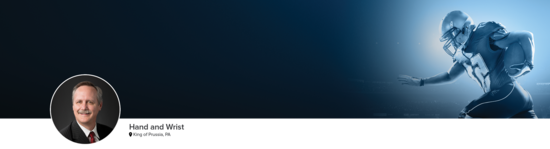 Professional headshot of Dr. Culp (Hand and Wrist; King of Prussia, PA) and a photograph of a football player to represent hand and wrist specialty.