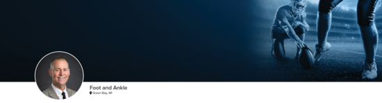 Professional headshot of Dr. Anderson (Foot and Ankle; Green Bay, WI) and a photograph of a football kicker to represent foot and ankle specialty.