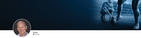 Professional headshot of Dr. LaPrade (Knee; Edina, MN) and a photograph of a football player to represent knee specialty.