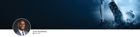 Professional headshot of Dr. Lamour (Foot and Ankle; Olympia, WA) and a close-up photograph of a soccer player kicking a soccer ball to represent the foot and ankle specialty.