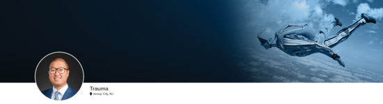 Professional headshot of Dr. Yoon (Trauma; Jersey City, NJ) and a photograph of a skydiver in midair to represent trauma.