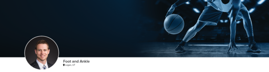 Professional headshot of Dr. RIgby (Foot and Ankle; Logan, UT) and a photograph of a basketball player to represent foot and ankle specialty.