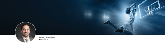 Professional headshot of Dr. Akhavan (Knee, Shoulder; Pittsburgh, PA) and a photograph of a basketball player to represent his medical specialties.