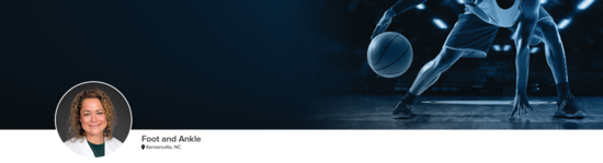 Professional headshot of Dr. Daws (Foot and Ankle; Kernersville, NC) and a photograph of a basketball player to represent foot and ankle specialty.