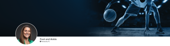 Professional headshot of Dr. Ahmed (Foot and Ankle; Pensacola, FL) and a photograph of a basketball player to represent foot and ankle specialty.