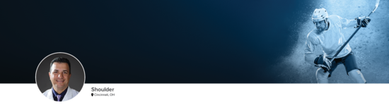 Professional headshot of Dr. Hasan (Shoulder; Cincinnati, OH) and a photograph of a hockey player to represent shoulder specialty.