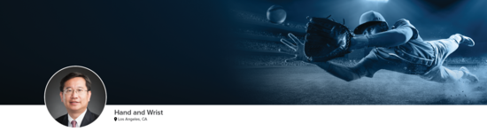 Professional headshot of Dr. Shin (Hand and Wrist; Los Angeles, CA) and a photograph of a baseball player representing hand and wrist specialty.