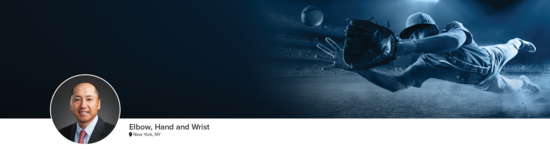 Professional headshot of Dr. Lee (Elbow, Hand and Wrist; New York, NY) and a photograph of a baseball player representing his medical specialties.