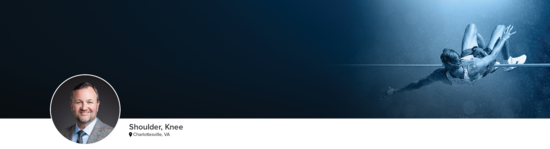 Professional headshot of Dr. Brockmeier (Shoulder, Knee; Charlottesville, VA) and a photograph of a high jump athlete to represent his medical specialties.