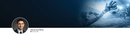 Professional headshot of Dr. Kakar (Hand and Wrist; Rochester, MN) and a photograph of a soccer goalie reaching out with his hand to block a goal.