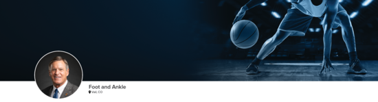 Professional headshot of Dr. Clanton (Foot and Ankle; Vail, CO) and a photograph of a basketball player to represent foot and ankle specialty.