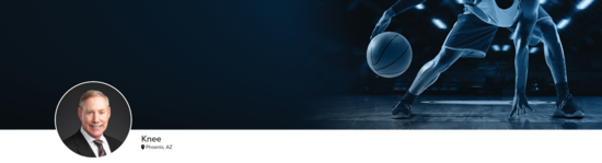 Professional headshot of Dr. Carter (Knee; Phoenix, AZ) and a photograph of a basketball player to represent knee specialty.