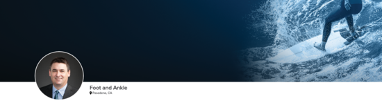 Professional headshot of Dr. Harris (Foot and Ankle; Pasadena, CA) and a photograph of a surfer to represent foot and ankle specialty.