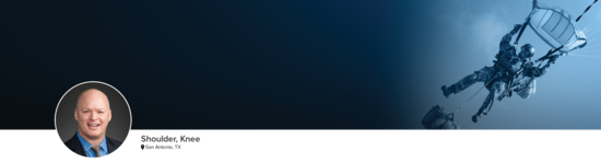 Professional headshot of Dr. DeBerardino (Shoulder, Knee; San Antonio, TX) and a photograph of a military parachutist to represent his medical specialties.