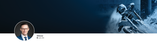 Professional headshot of Dr. Twiss (Elbow; Joplin, MO) and a photograph of a motocross rider to represent elbow specialty.