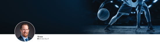 Professional headshot of Dr. Maak (Knee; Salt Lake City, UT) and a photograph of a basketball player to represent knee specialty.