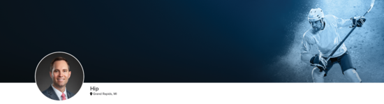 Professional headshot of Dr. Menge (Hip; Grand Rapids, MI) and a photograph of a hockey player to represent hip specialty.