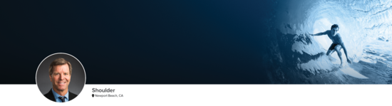 Professional headshot of Dr. Kramer (Shoulder; Newport Beach, CA) and a photograph of a surfer to represent shoulder specialty.