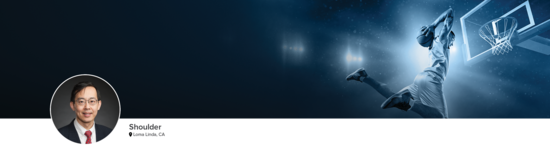 Professional headshot of Dr. Phipatanakul (Shoulder; Loma Linda, CA) and a photograph of a basketball player dunking to represent shoulder specialty.