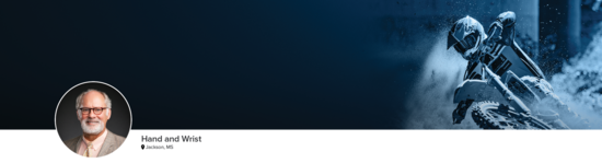 Professional headshot of Dr. Geissler (Elbow; Jackson, MS) and a photograph of a motocross rider to represent hand and wrist specialty.