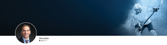 Professional headshot of Dr. Adams (Shoulder; Naples, FL) and a photograph of a hockey player to represent shoulder specialty.