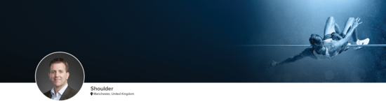 Professional headshot of Dr. Ravenscroft (Shoulder; Manchester, United Kingdom) and a photograph of a high jump athlete to represent shoulder specialty.