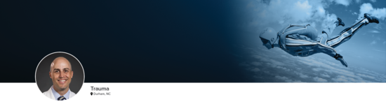 Professional headshot of Dr. Gage (Trauma; Durham, NC) and a photograph of a skydiver in midair to represent trauma.