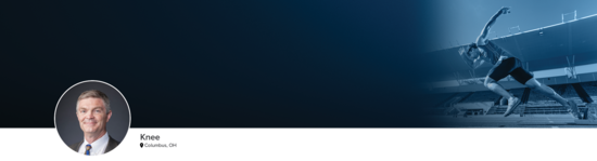 Professional headshot for Dr. Kaeding (Knee; Columbus, OH) and a photograph of a track sprinter representing knee specialty.