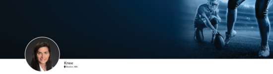 Professional headshot of Dr. Matzkin (Knee; Boston, MA) and a photograph of a football player to represent knee specialty.