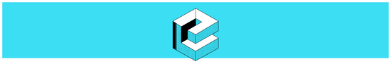 isometric Evolve logo in black and white on an aqua blue background