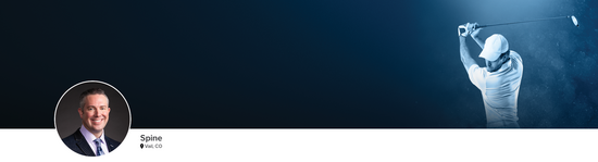 Professional headshot of Dr. Gallizzi (Spine; Vail, CO) and a photograph of a golfer in mid-swing representing the spine specialty.