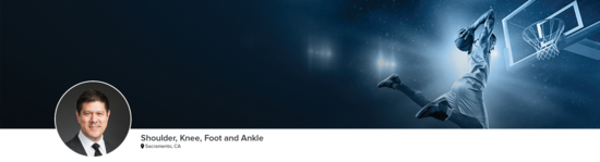 Professional headshot of Dr. Hirahara (Shoulder, Knee, Foot and Ankle; Sacramento, CA) and a photograph of a basketball player to represent his medical specialties.