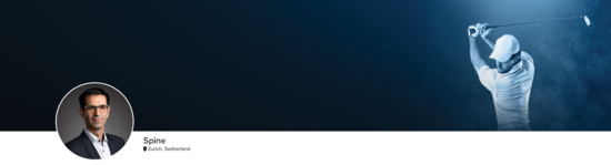 Professional headshot of Dr. Farshad (Spine; Zurich, Switzerland) and a photograph of a golfer mid swing representing the spine specialty.