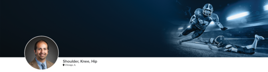 Professional headshot of Dr. Bedi (Shoulder, Knee, Hip; Ann Arbor, MI) and a photograph of a football player to represent his medical specialties.