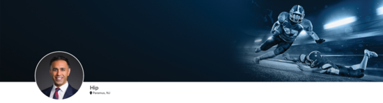 Professional headshot of Dr. Lall (Hip; Paramus, NJ) and a photograph of a football player.