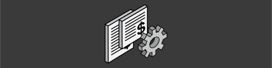 simple three dimensional illustration of a document with a dollar sign, and a gear