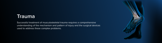 Anatomic representation of a raised foot with a traumatic ankle fracture surrounded by a blue aura.