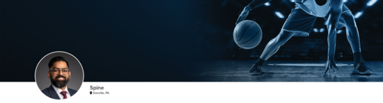 Professional headshot of Dr. Konakondla (Spine; Danville, PA) and a photograph of a basketball player to represent the spine specialty.