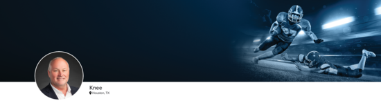 Professional headshot of Dr. Lowe (Knee; Houston, TX) and a photograph of a football player to represent knee specialty.