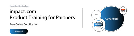 Course badge with a graduation cap icon for certification in using impact.com’s affiliate partner software for affiliate marketers.