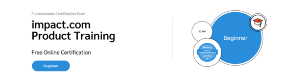 PXA's certification badge featuring a graduation cap icon for a free exam on the impact.com affiliate marketing software