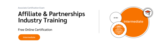 PXA's certification badge featuring a graduation cap icon for a free exam on the affiliate marketing industry