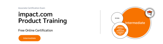 PXA's certification badge featuring a graduation cap icon for a free exam on managing an account on the impact.com platform