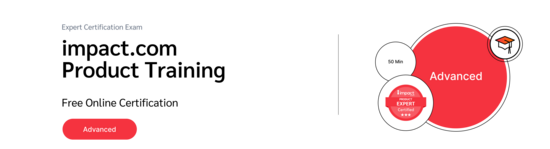 PXA's certification badge featuring a graduation cap icon for a free exam on impact.com’s affiliate marketing software