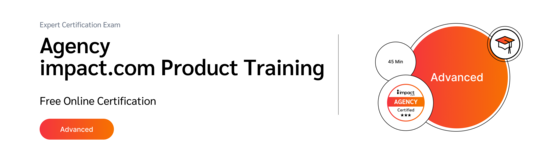 PXA's certification badge featuring a graduation cap icon for a free exam on using impact.com’s affiliate marketing software