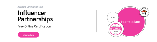 PXA's certification badge featuring a graduation cap icon for a free exam on influencer marketing