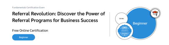 PXA's certification badge featuring a graduation cap icon for a free exam on referral marketing strategies