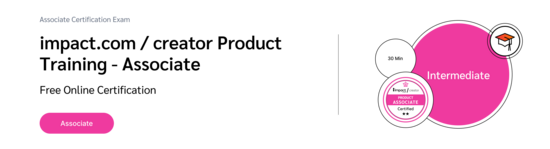 PXA's certification badge featuring a graduation cap icon for a free exam on impact.com's influencer marketing software