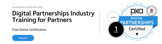 PXA's certification badge for free courses on affiliate marketing publishers, publisher types, and brand collaborations